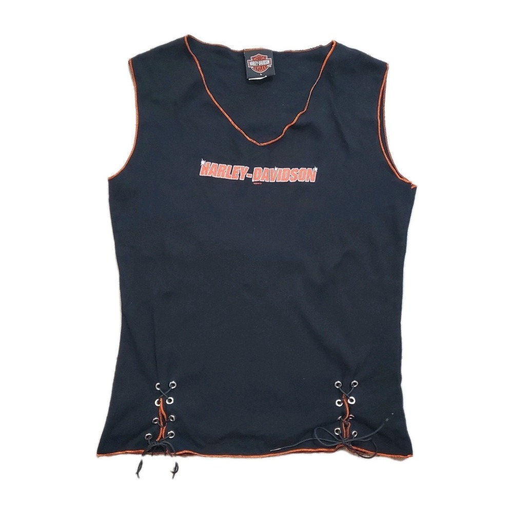 Harley Davidson Women's Large VTG Black Tank Top Laced Sides Daytona Beach FL